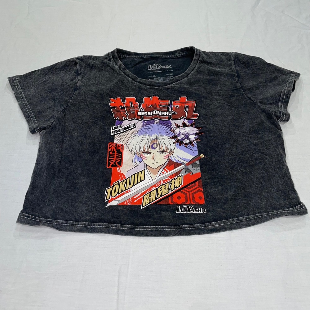 InuYasha Lord Sesshomaru Graphic Crop Top Acid Wash Black Anime Tee Women L